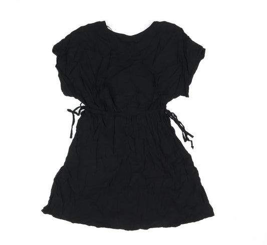 Marks and Spencer Womens Black Viscose Skater Dress Size 10 V-Neck Drawstring
