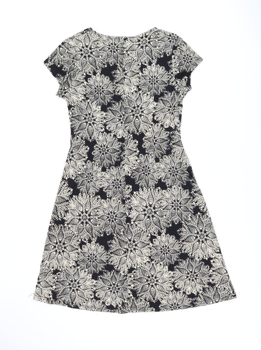Connected Apparel Womens Black Floral Polyester A-Line Size 14 V-Neck Pullover