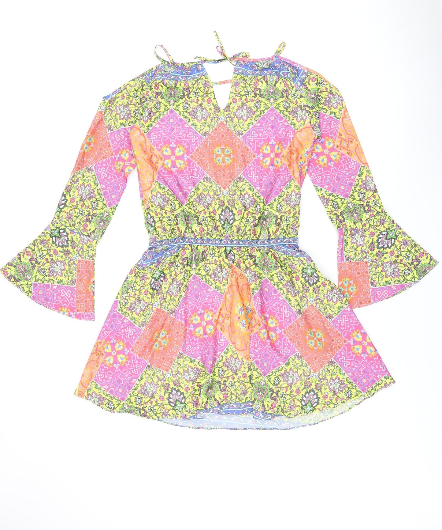 I Heart Purpurina Womens Multicoloured Geometric Polyester Skater Dress Size M V-Neck Tie