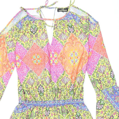 I Heart Purpurina Womens Multicoloured Geometric Polyester Skater Dress Size M V-Neck Tie