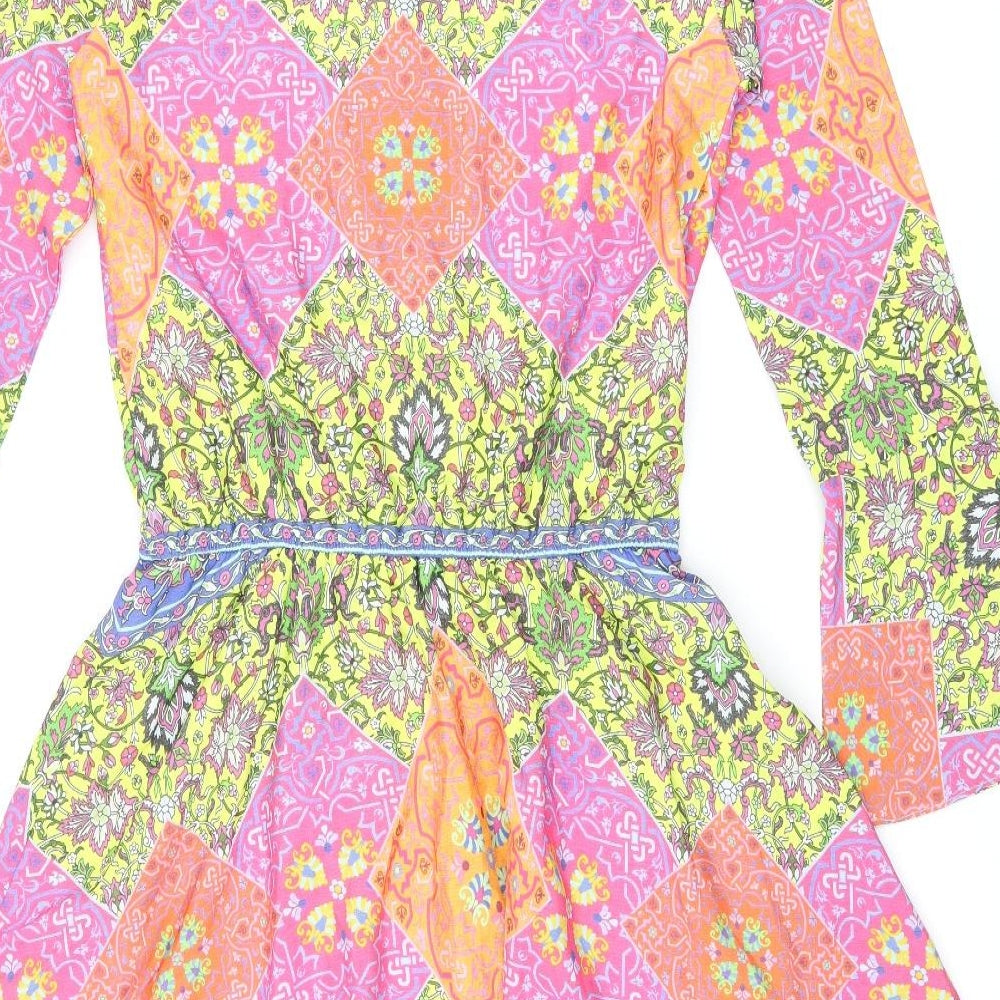 I Heart Purpurina Womens Multicoloured Geometric Polyester Skater Dress Size M V-Neck Tie