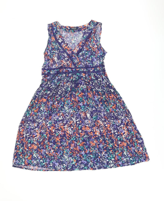 Maine Womens Blue Geometric Viscose A-Line Size 12 V-Neck Zip