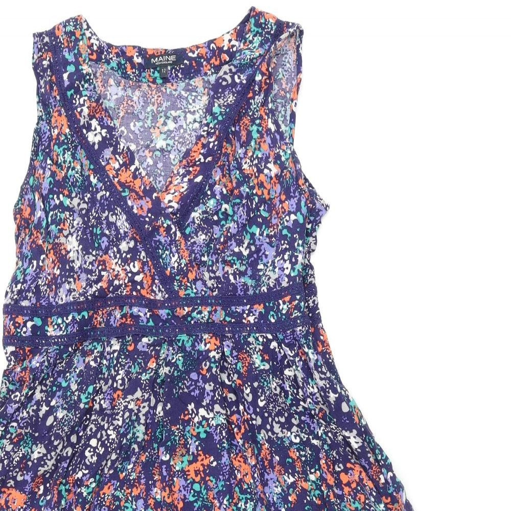 Maine Womens Blue Geometric Viscose A-Line Size 12 V-Neck Zip