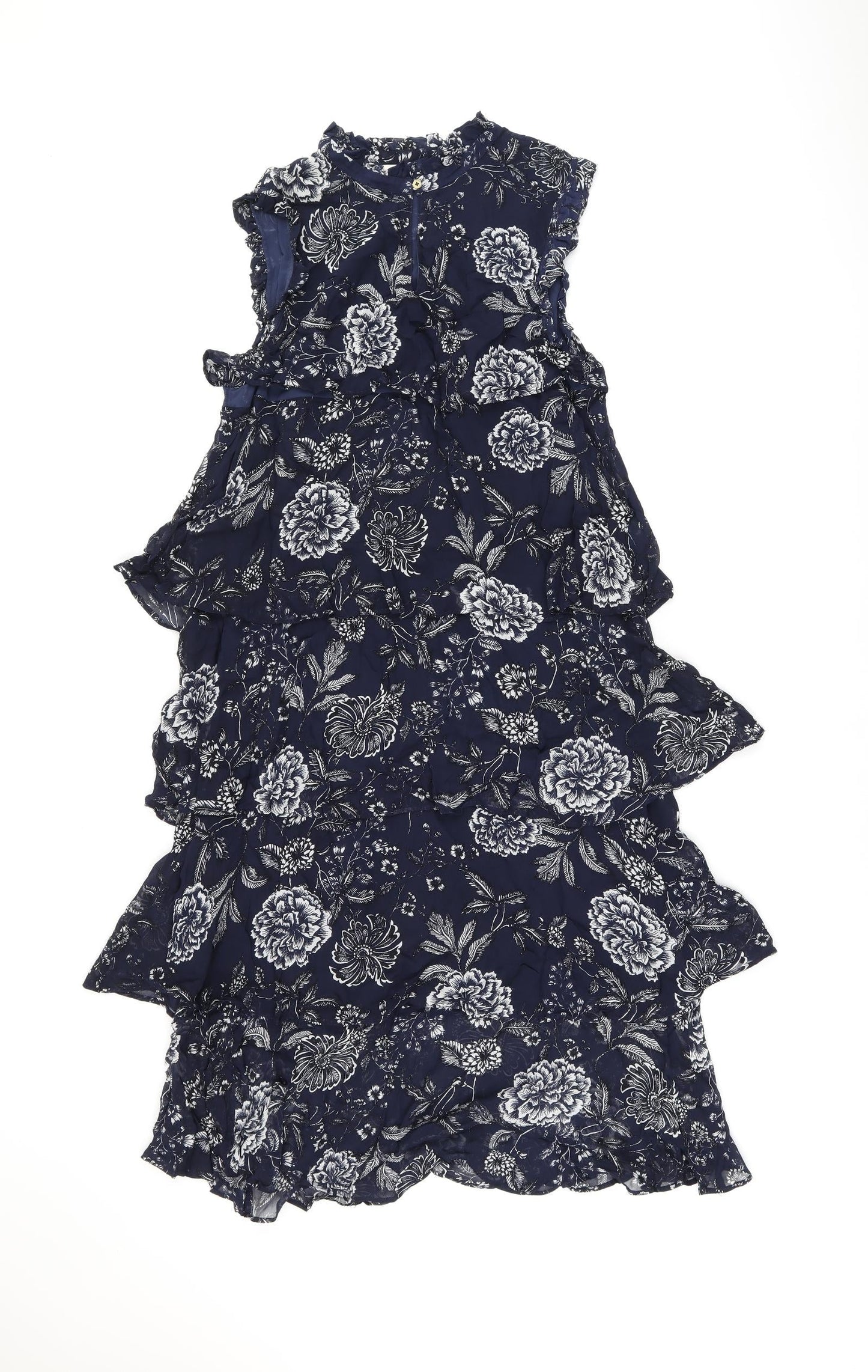 Part Two Womens Blue Floral Viscose Shift Size 10 Round Neck Zip - Frill Detail