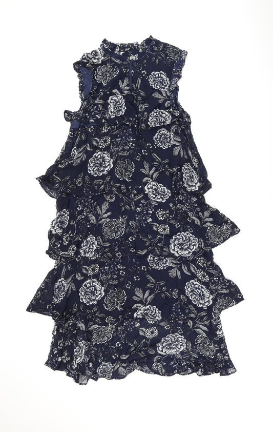 Part Two Womens Blue Floral Viscose Shift Size 10 Round Neck Zip - Frill Detail