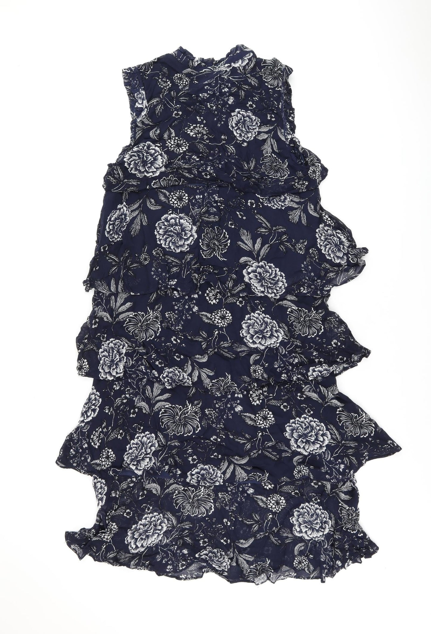 Part Two Womens Blue Floral Viscose Shift Size 10 Round Neck Zip - Frill Detail