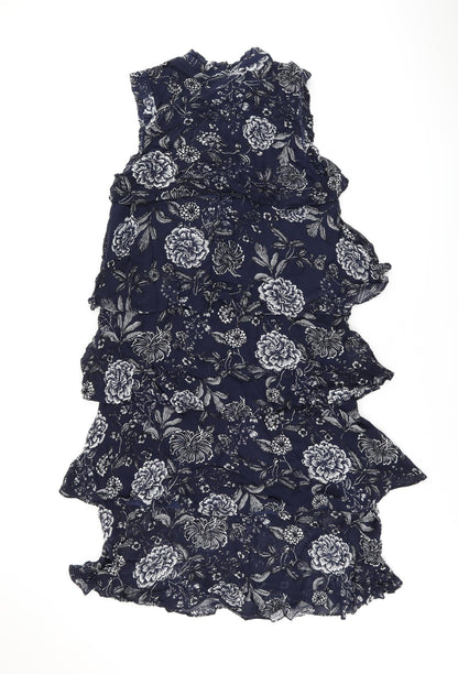 Part Two Womens Blue Floral Viscose Shift Size 10 Round Neck Zip - Frill Detail