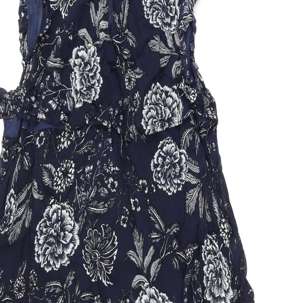 Part Two Womens Blue Floral Viscose Shift Size 10 Round Neck Zip - Frill Detail