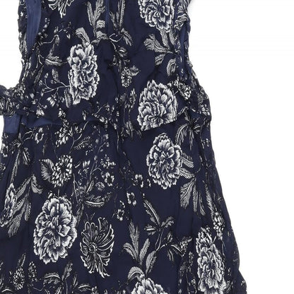 Part Two Womens Blue Floral Viscose Shift Size 10 Round Neck Zip - Frill Detail