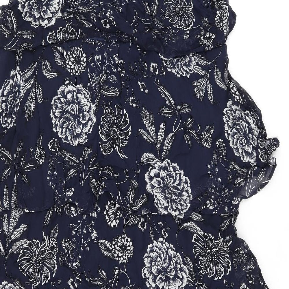 Part Two Womens Blue Floral Viscose Shift Size 10 Round Neck Zip - Frill Detail