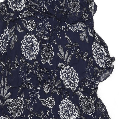 Part Two Womens Blue Floral Viscose Shift Size 10 Round Neck Zip - Frill Detail
