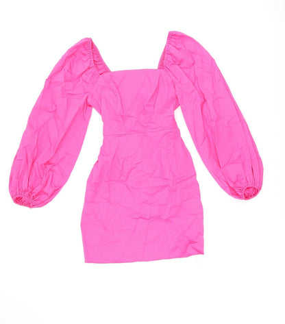 River Island Womens Pink Cotton Bodycon Size 6 Square Neck Zip