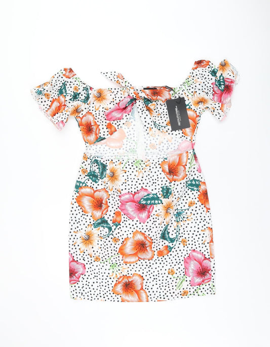 PRETTYLITTLETHING Womens White Floral Polyester Mini Size 10 Off the Shoulder Zip - Polka Dot