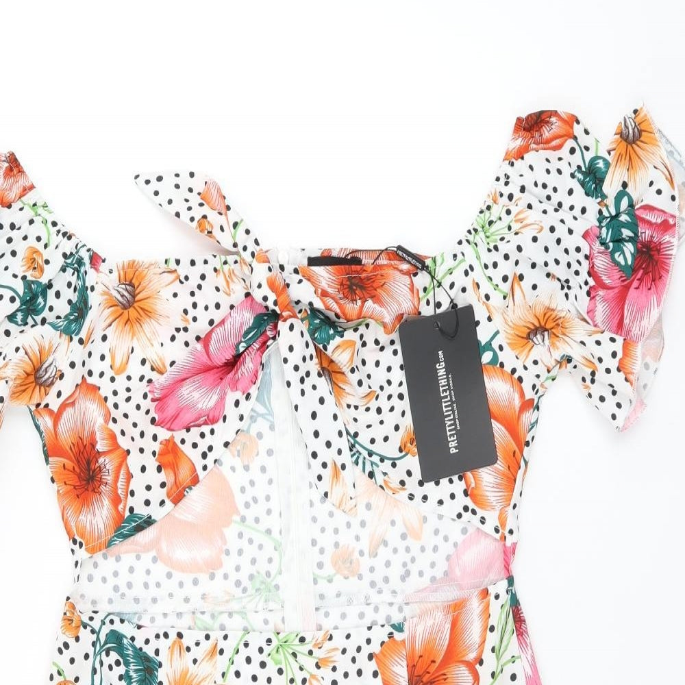 PRETTYLITTLETHING Womens White Floral Polyester Mini Size 10 Off the Shoulder Zip - Polka Dot