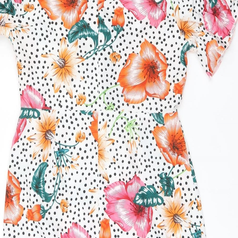 PRETTYLITTLETHING Womens White Floral Polyester Mini Size 10 Off the Shoulder Zip - Polka Dot