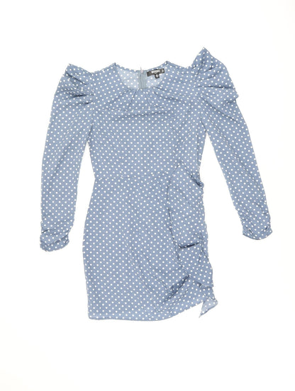 Missguided Womens Blue Polka Dot Polyester Bodycon Size 8 Round Neck Zip