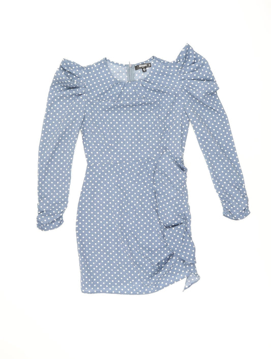 Missguided Womens Blue Polka Dot Polyester Bodycon Size 8 Round Neck Zip