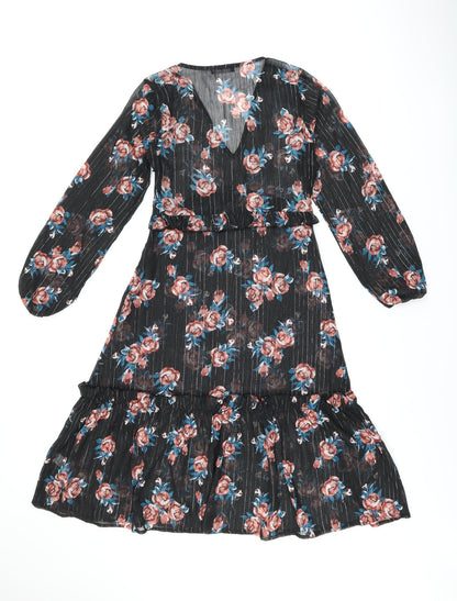 INNOCENCE Womens Black Floral Polyester Shift Size 10 V-Neck Zip - Sheer