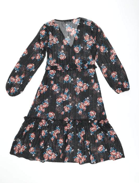 INNOCENCE Womens Black Floral Polyester Shift Size 10 V-Neck Zip - Sheer