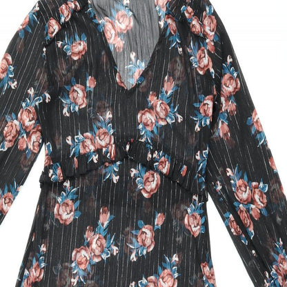 INNOCENCE Womens Black Floral Polyester Shift Size 10 V-Neck Zip - Sheer