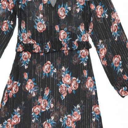 INNOCENCE Womens Black Floral Polyester Shift Size 10 V-Neck Zip - Sheer