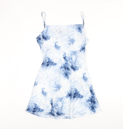 Cotton Candy Womens Blue Tie Dye Polyester Skater Dress Size M Square Neck Tie