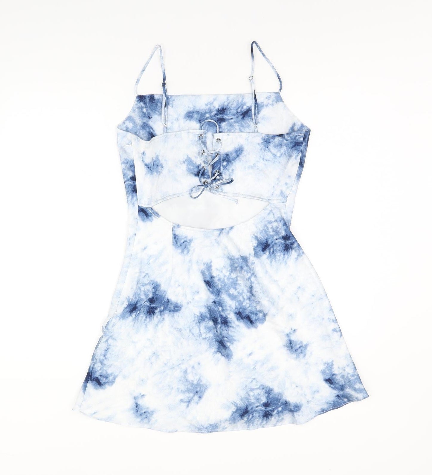 Cotton Candy Womens Blue Tie Dye Polyester Skater Dress Size M Square Neck Tie