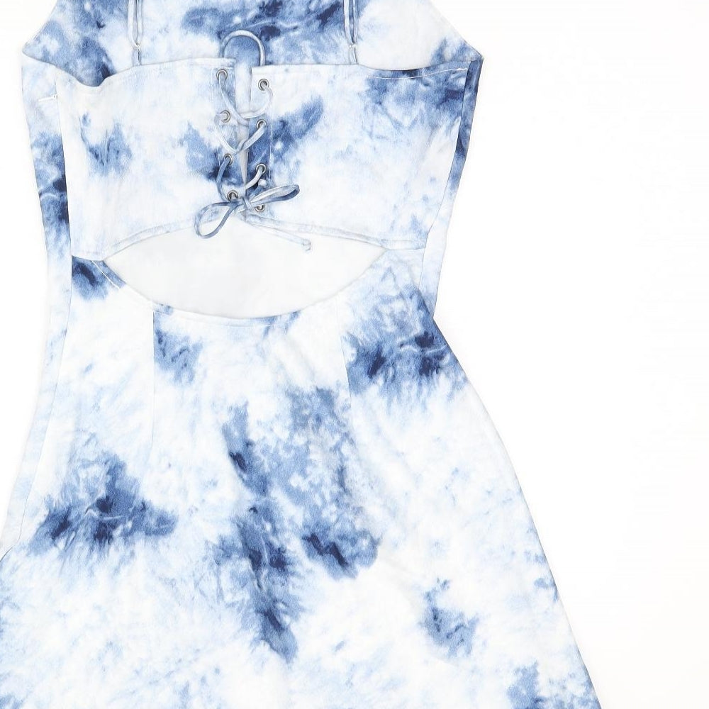 Cotton Candy Womens Blue Tie Dye Polyester Skater Dress Size M Square Neck Tie