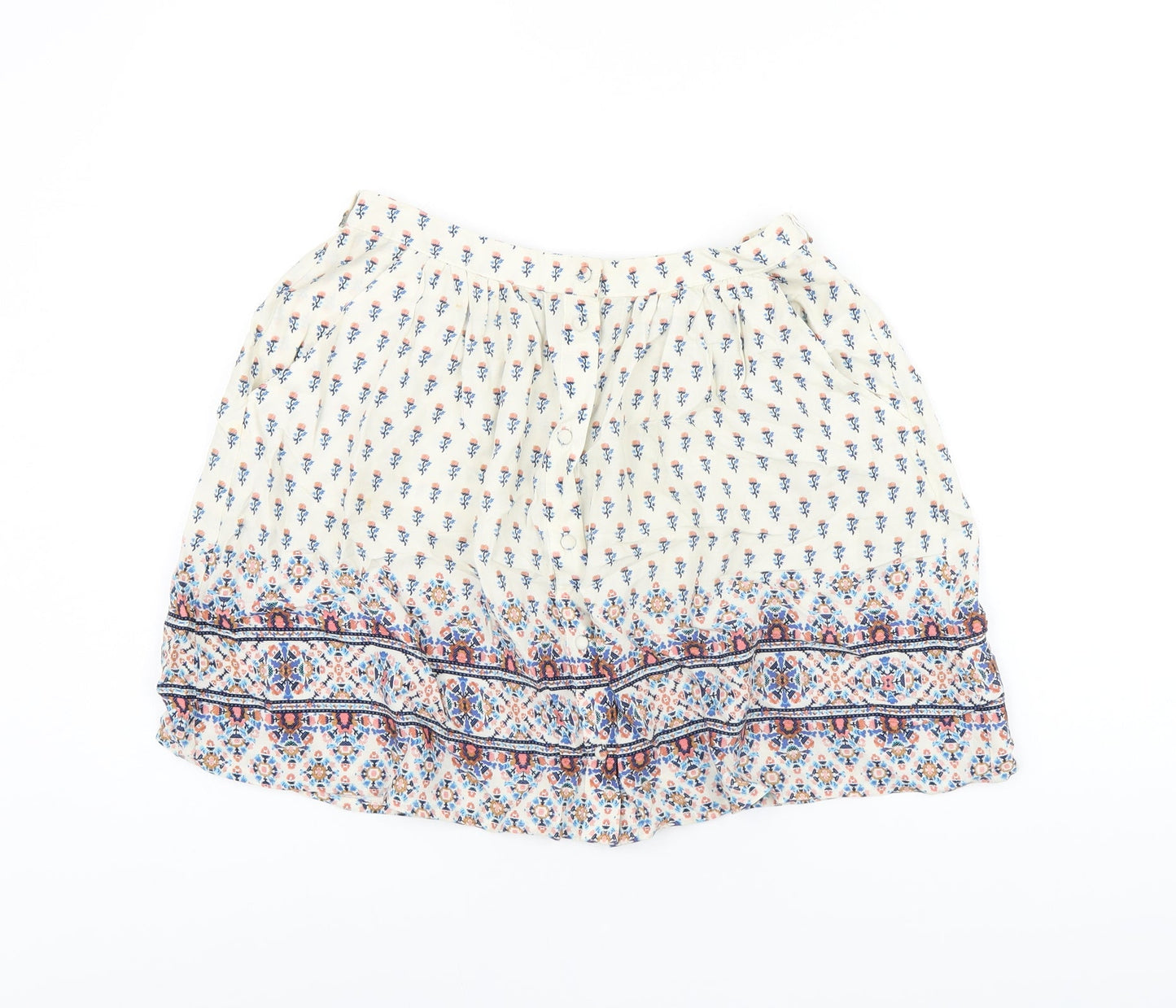 New Look Womens Ivory Floral Viscose Mini Skirt Size 6 Button