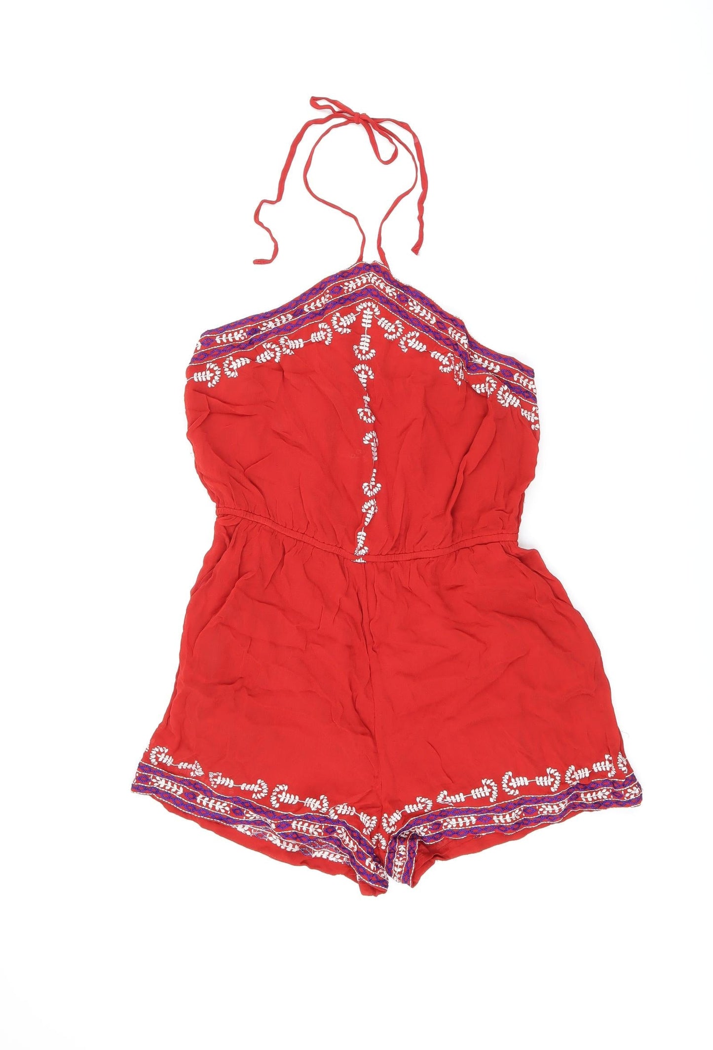 Topshop Womens Red Geometric Viscose Playsuit One-Piece Size 10 Tie