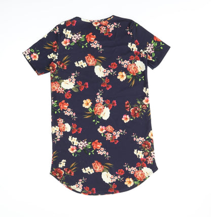 Boohoo Womens Blue Floral Polyester Shift Size 8 Round Neck Pullover