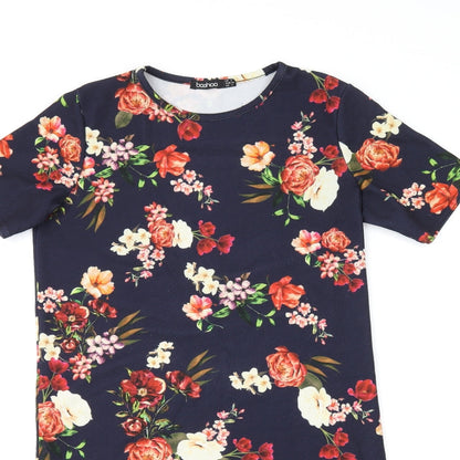 Boohoo Womens Blue Floral Polyester Shift Size 8 Round Neck Pullover