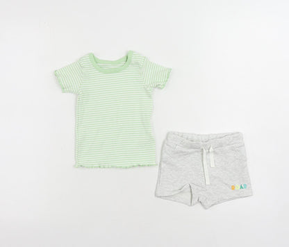 Marks and Spencer Baby Green Striped Cotton Shorts Set Outfit/Set Size 3-6 Months Pullover