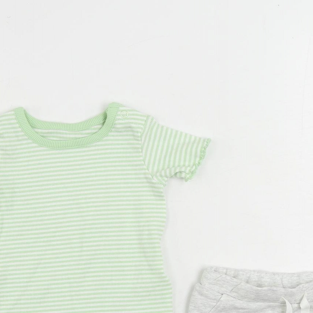 Marks and Spencer Baby Green Striped Cotton Shorts Set Outfit/Set Size 3-6 Months Pullover
