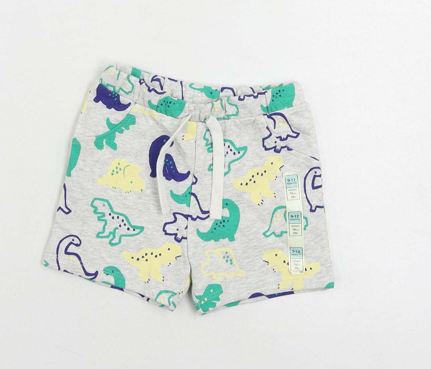 Marks and Spencer Baby Grey Geometric Cotton Cropped Trousers Size 9-12 Months Drawstring - Dinosaur Print