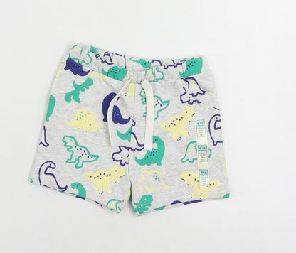 Marks and Spencer Baby Grey Geometric Cotton Cropped Trousers Size 9-12 Months Drawstring - Dinosaur Print