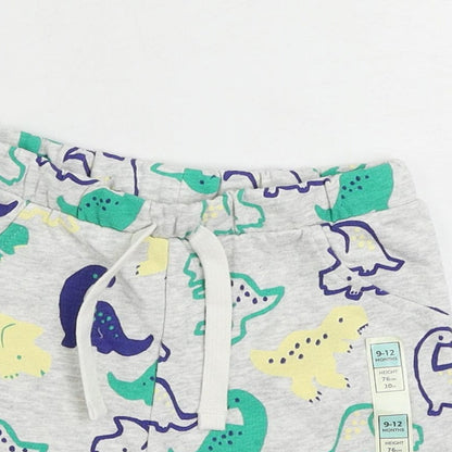 Marks and Spencer Baby Grey Geometric Cotton Cropped Trousers Size 9-12 Months Drawstring - Dinosaur Print