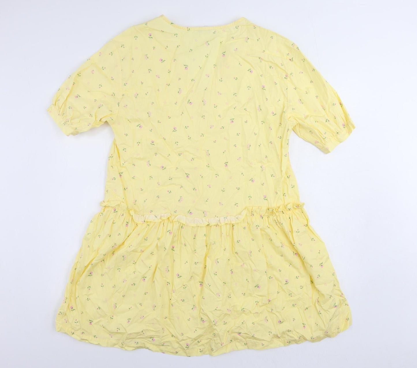 Monki Womens Yellow Floral Cotton A-Line Size S V-Neck Pullover