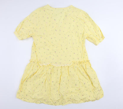 Monki Womens Yellow Floral Cotton A-Line Size S V-Neck Pullover