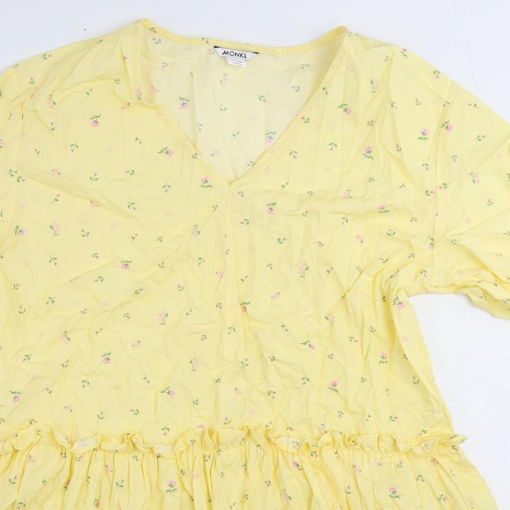 Monki Womens Yellow Floral Cotton A-Line Size S V-Neck Pullover