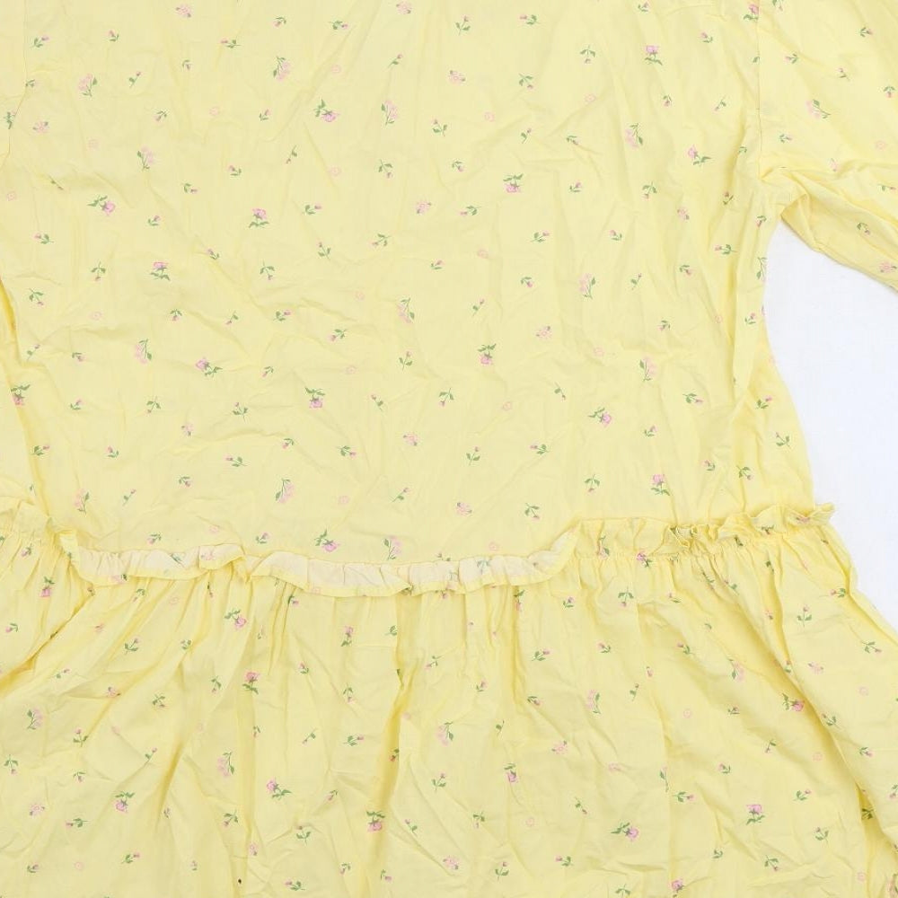 Monki Womens Yellow Floral Cotton A-Line Size S V-Neck Pullover