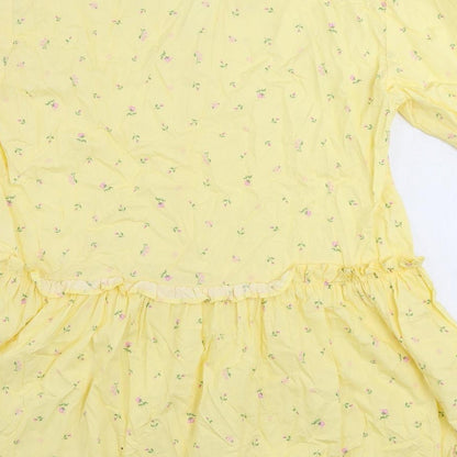 Monki Womens Yellow Floral Cotton A-Line Size S V-Neck Pullover