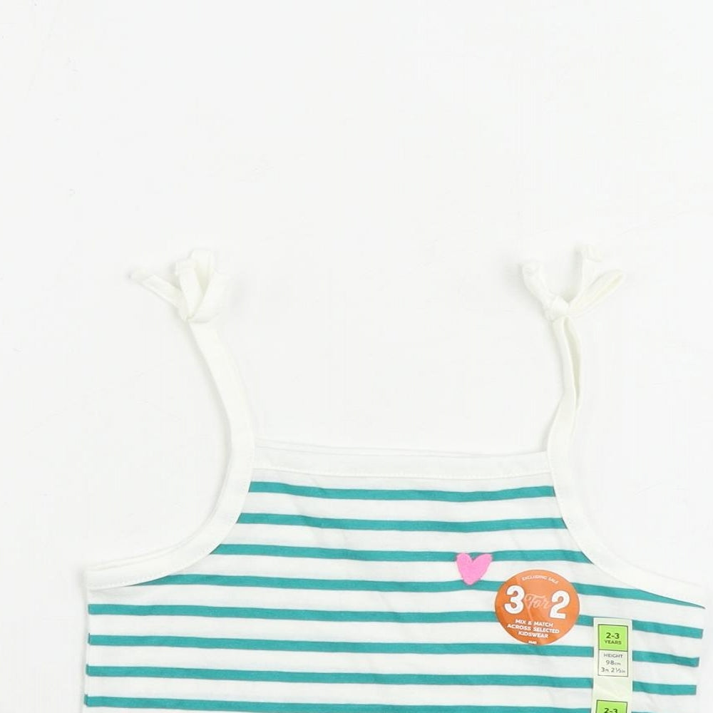Marks and Spencer Girls Green Striped Cotton Camisole Tank Size 2-3 Years Square Neck Pullover