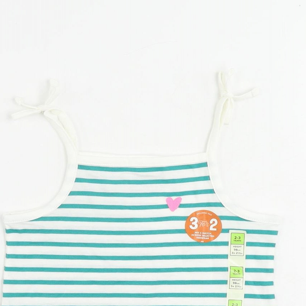 Marks and Spencer Girls Green Striped Cotton Camisole Tank Size 2-3 Years Square Neck Pullover