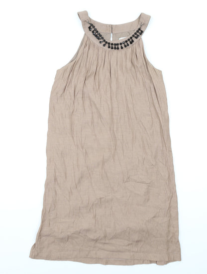 Jacqueline Riu Womens Brown Viscose A-Line Size 10 Round Neck Button - Beaded Neckline