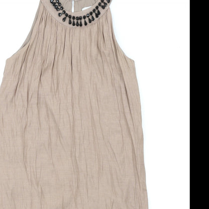 Jacqueline Riu Womens Brown Viscose A-Line Size 10 Round Neck Button - Beaded Neckline