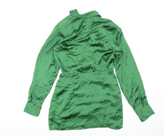 Zara Womens Green Polyester Shirt Dress Size S Collared Zip