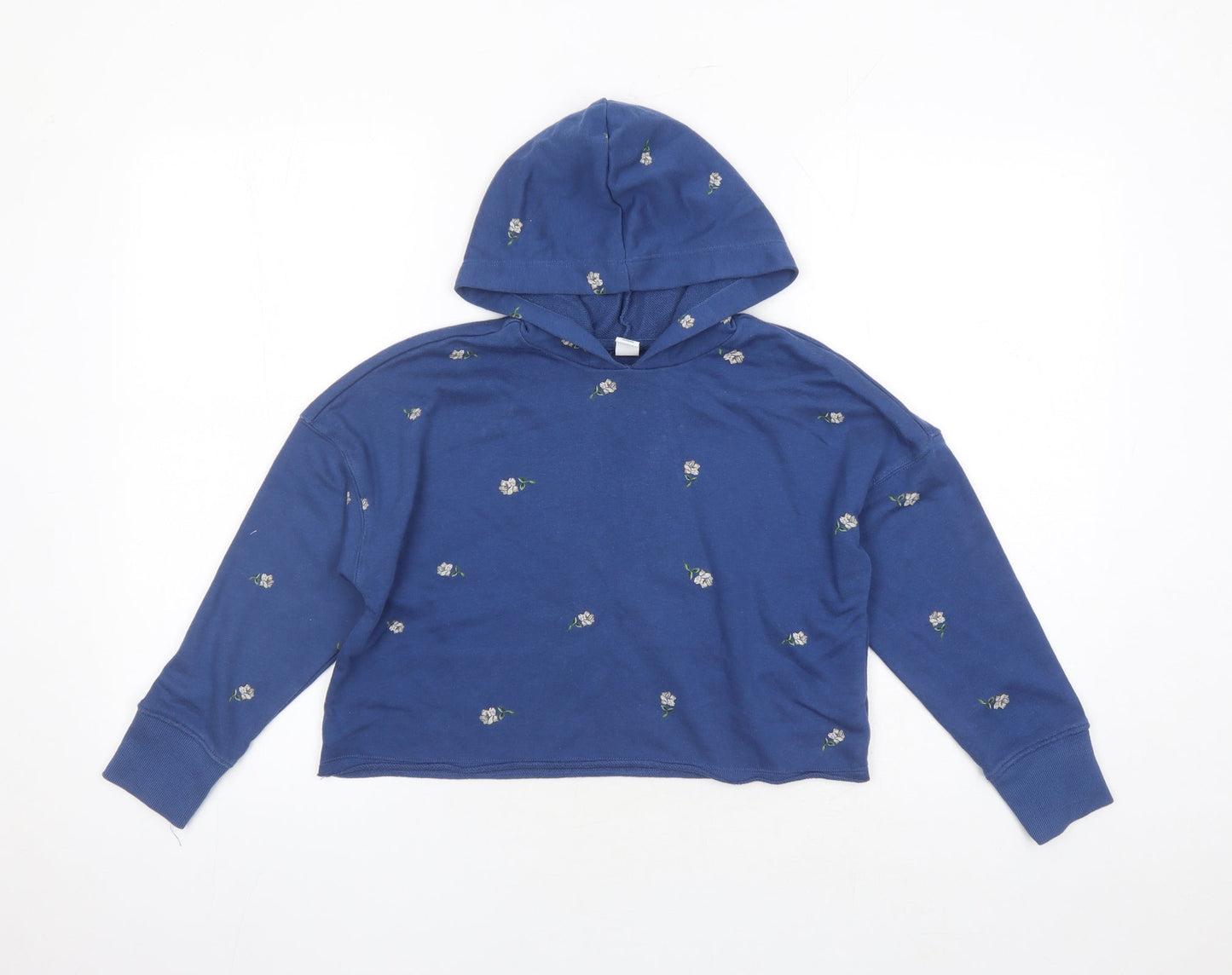 Old Navy Womens Blue Floral Cotton Pullover Hoodie Size 8 Pullover - Cropped Style