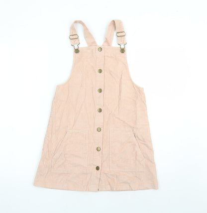 TU Girls Pink Cotton Pinafore/Dungaree Dress Size 11 Years Square Neck Button - Pockets