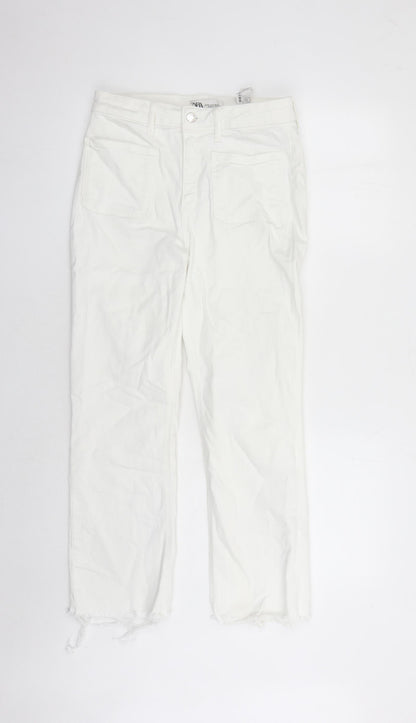 Zara Womens White Cotton Straight Jeans Size 10 L26 in Regular Zip - Raw Hems